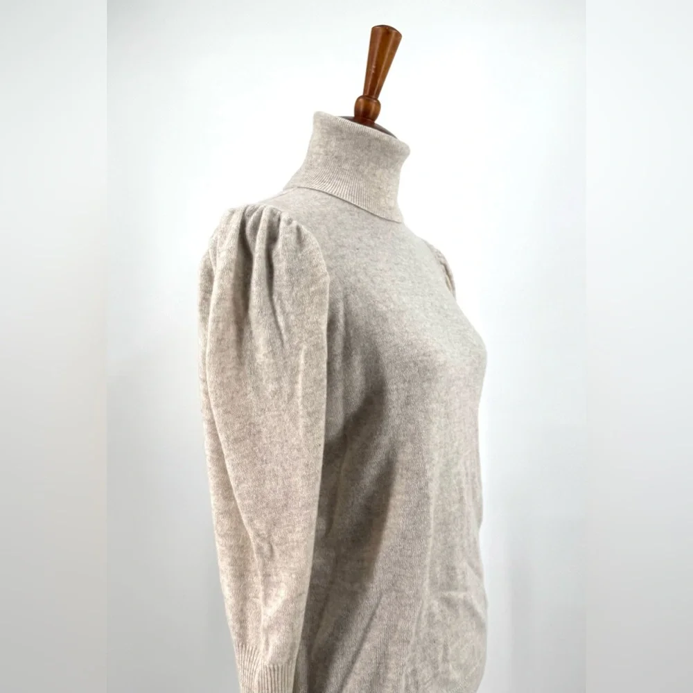 Aqua Cream Oatmeal Cashmere Puff Sleeve Turtleneck Sweater Size L - Picture 3 of 10